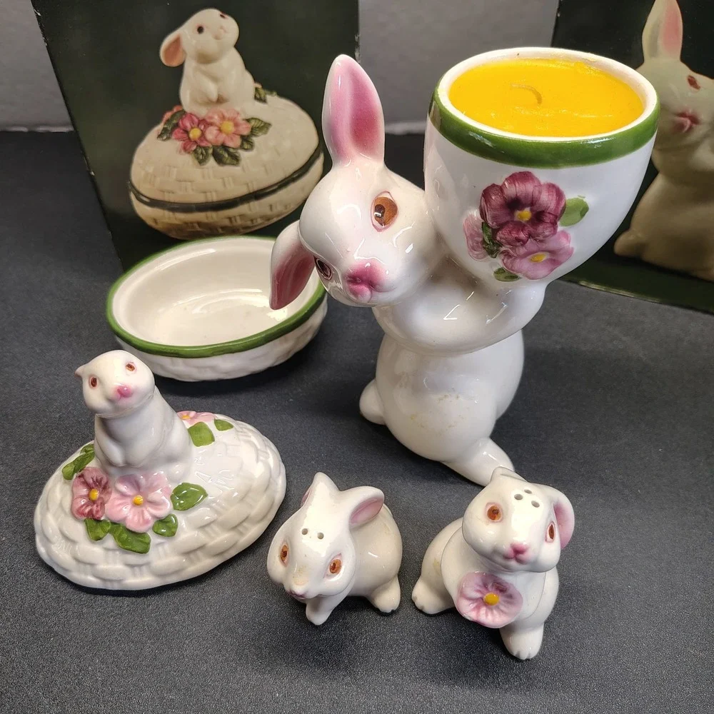 Vintage Avon Bunny lot Salt Pepper Shakers, Candle & trinket box